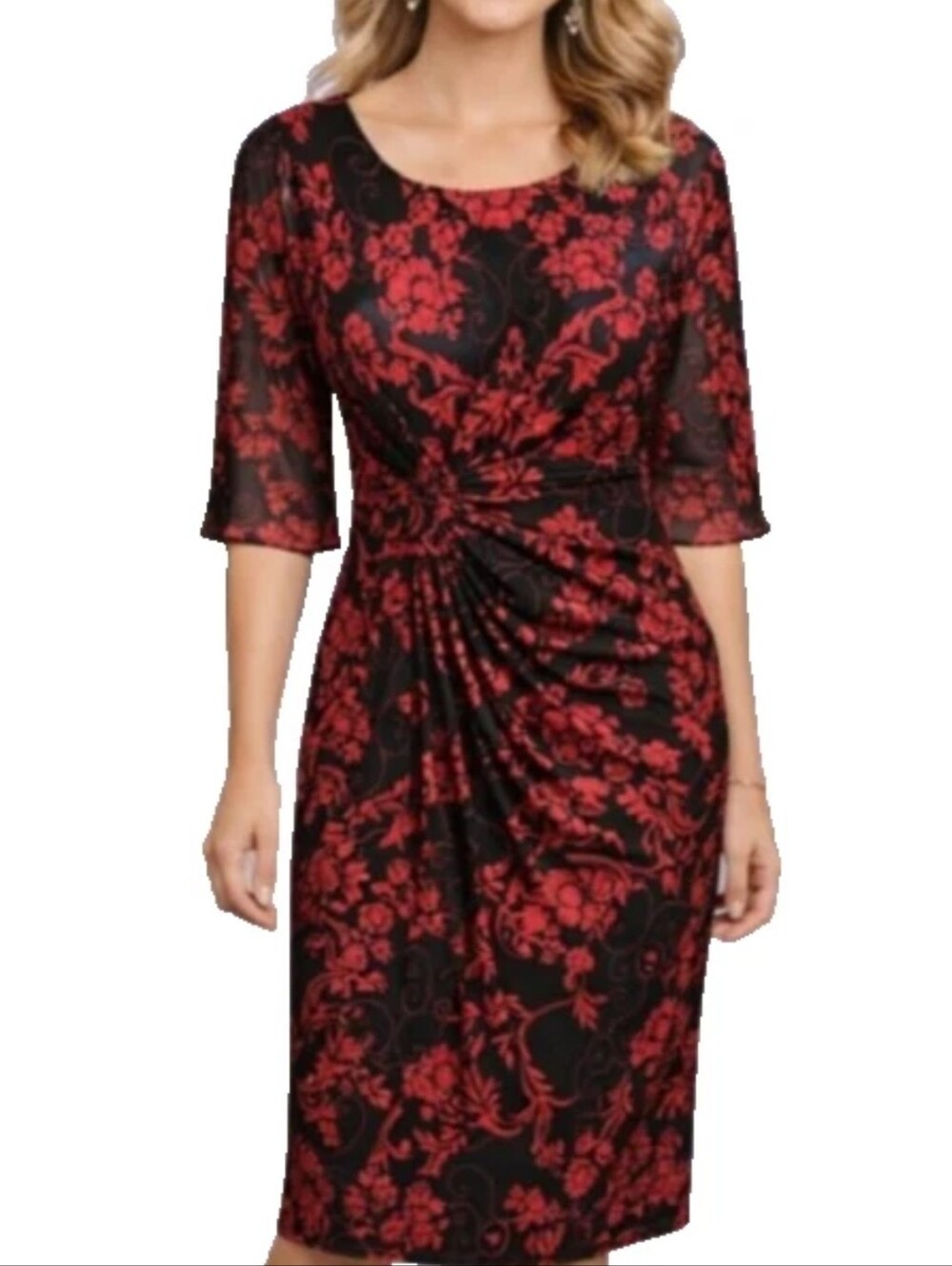 connected apparel Black and Red Floral Midi Dress